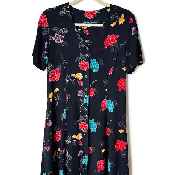 Vintage Black Floral Print Maxi Dress Small - Picture 1 of 10